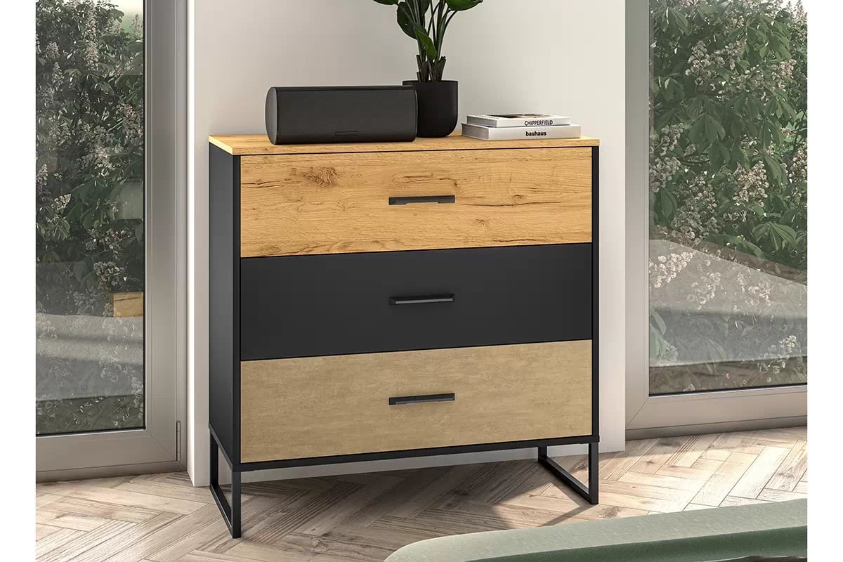 Komoda Kawana se zásuvkami na kovové podstavě - černá / dub craft / ocel premium Komoda s zásuvkami Colt 05 na kovové podstavě - Černý / craft Podstavec / ocel premium - aranzacja