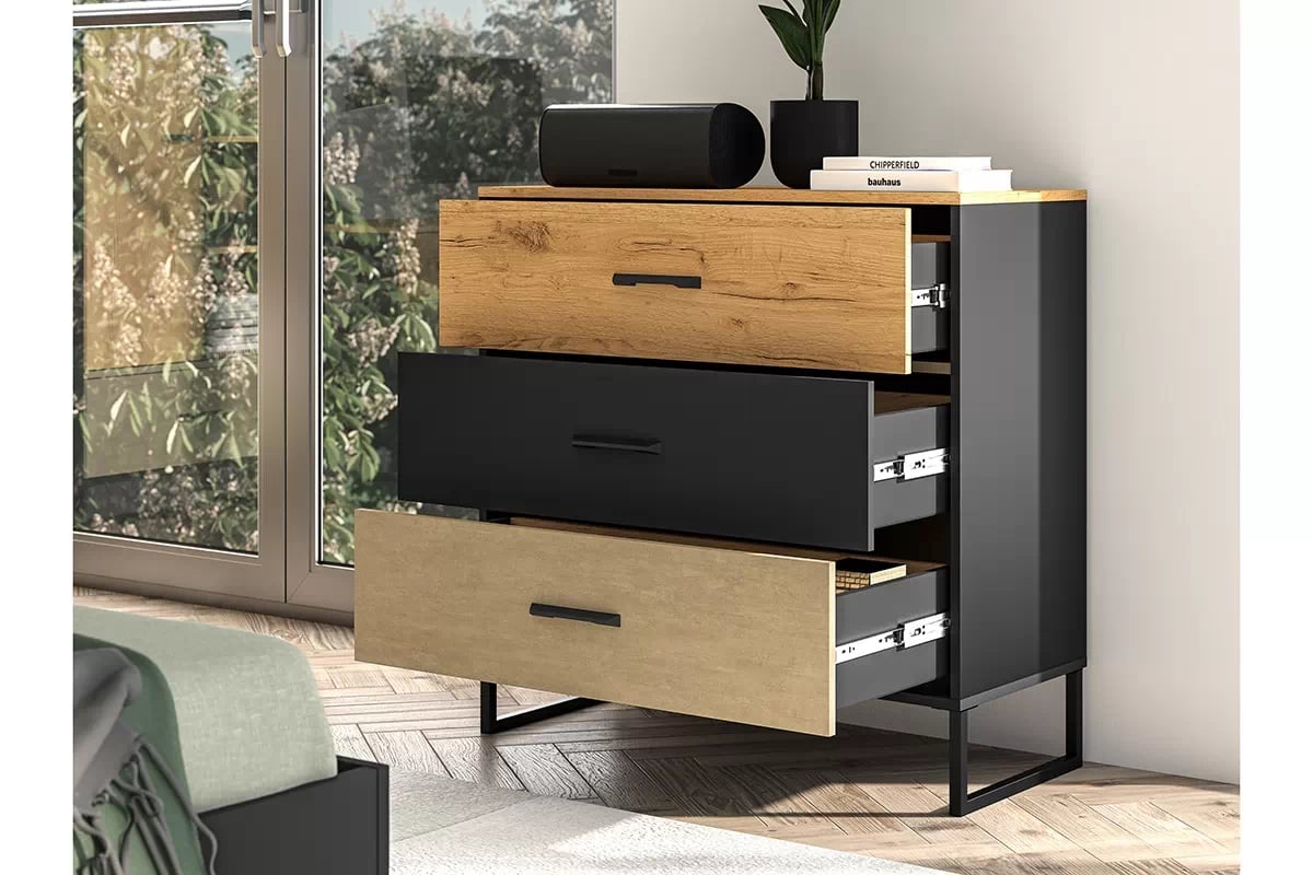 Komoda Kawana se zásuvkami na kovové podstavě - černá / dub craft / ocel premium Komoda s zásuvkami Colt 05 na kovové podstavě - Černý / craft Podstavec / ocel premium - aranzacja 2