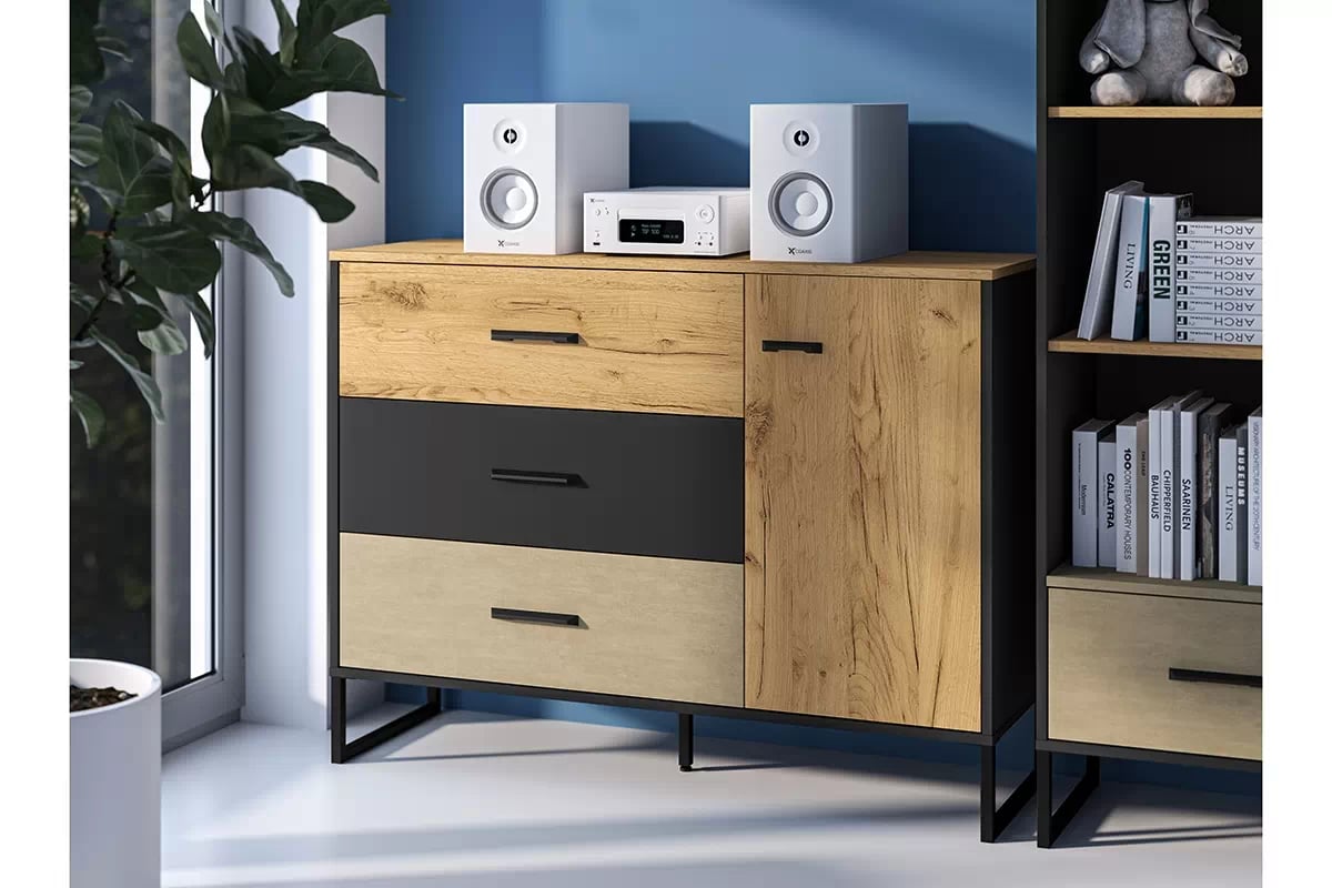 Komoda so zásuvkami Kawana 06 na kovových nohách - Čierny / craft zlaté / oceľ premium Komoda so zásuvkami Colt 06 na kovových nohách - Čierny / craft zlaté / oceľ premium - vizualizácia