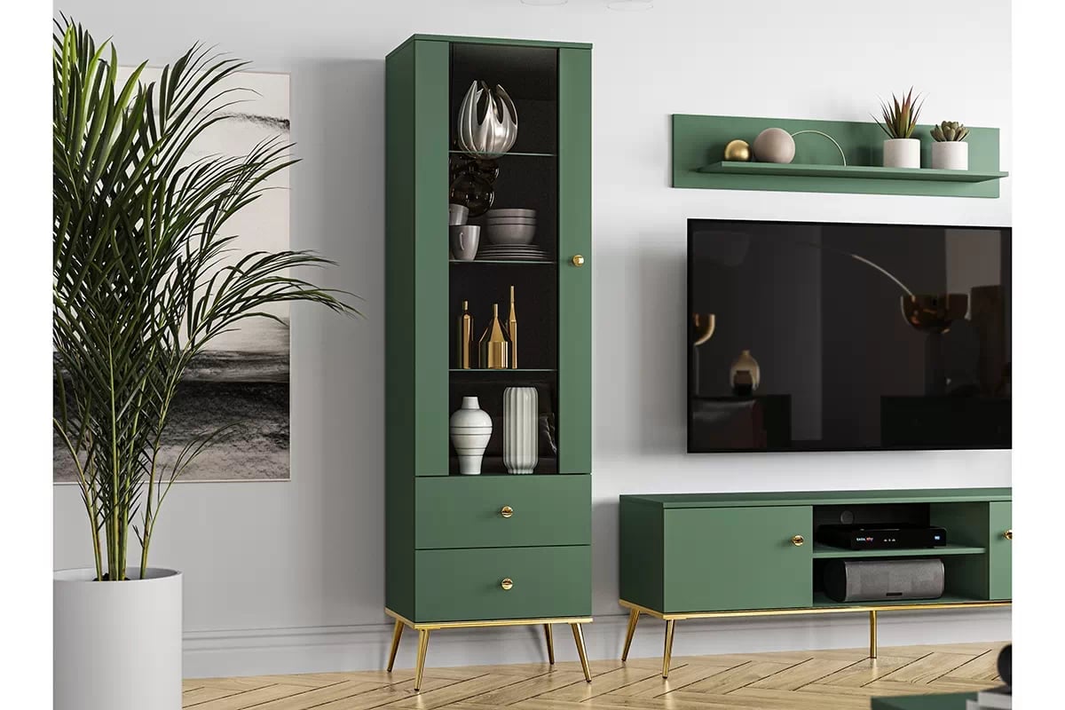 Vitrína Euras 01 presklená 55 cm - labrador / zlaté nožičky Zelené Nábytok .