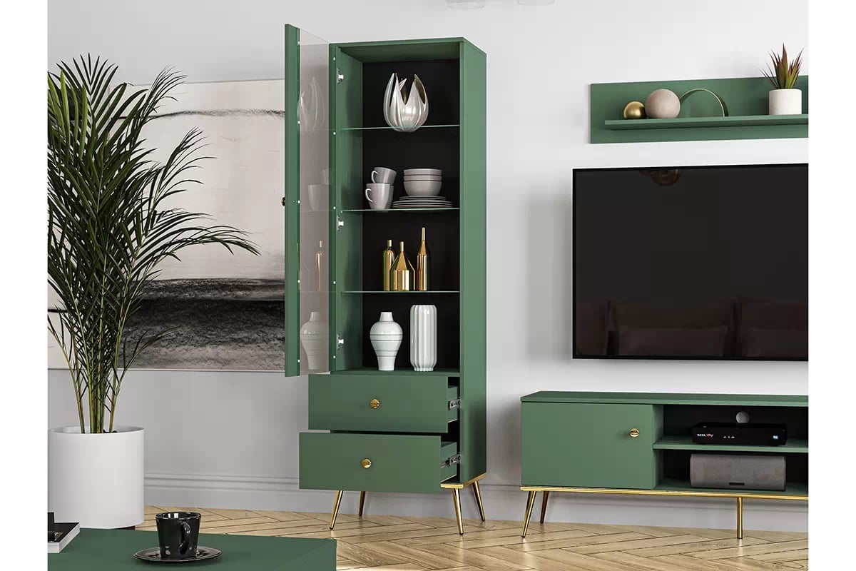 Vitrína Euras 01 presklená 55 cm - labrador / zlaté nožičky zelená Vitrína presklená