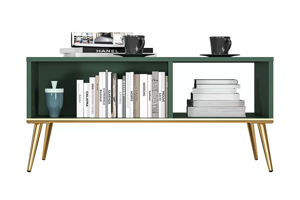 Konferenčný stolík Euras 07 s otvorenými priehradkami - labrador / zlaté Konferenčný stolík Zelený na zlotych nogach