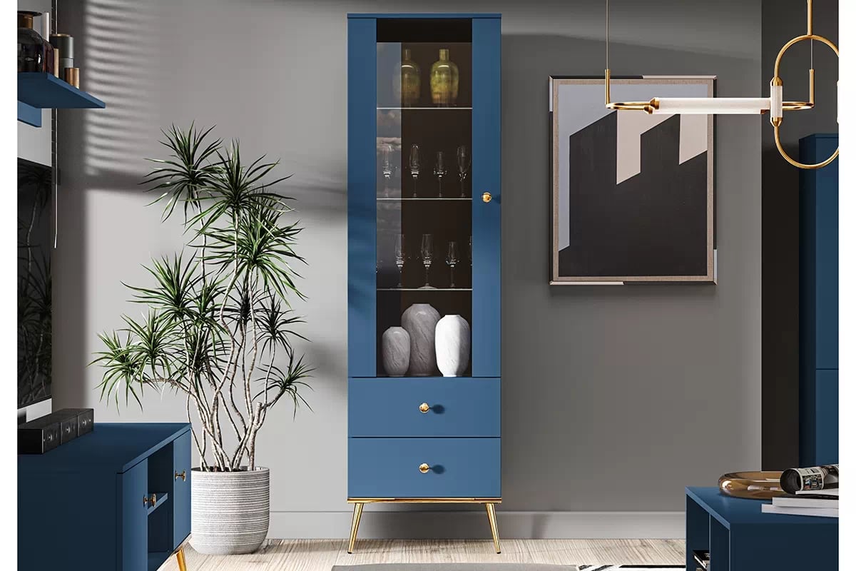Vitrína Naemo 01 55 cm - tmavý blankyt / zlaté nožky modrá Vitrína na zlotych nogach