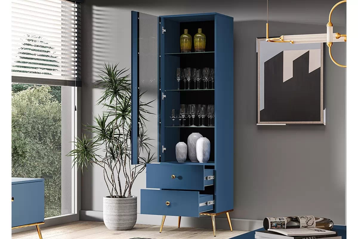 Vitrína Naemo 01 55 cm - tmavý blankyt / zlaté nožky Granátová Vitrína ze zlotymi uchwytami