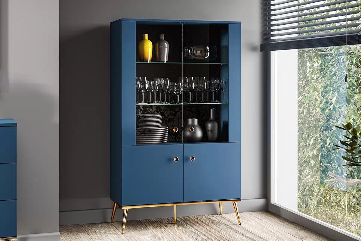 Vitrína Naemo 02 92 cm - tmavý blankyt / zlaté nožky modrá podswietlona Vitrína