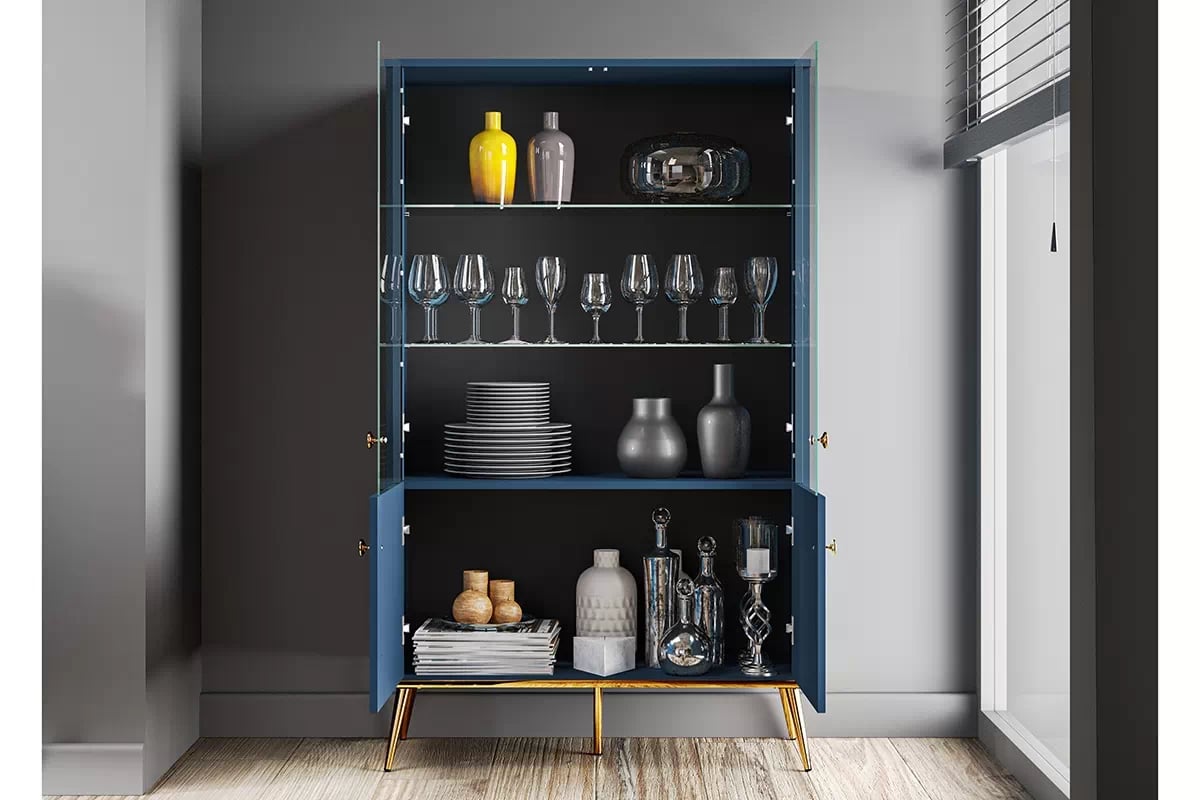Vitrína Naemo 02 92 cm - tmavý blankyt / zlaté nožky Granátová Vitrína