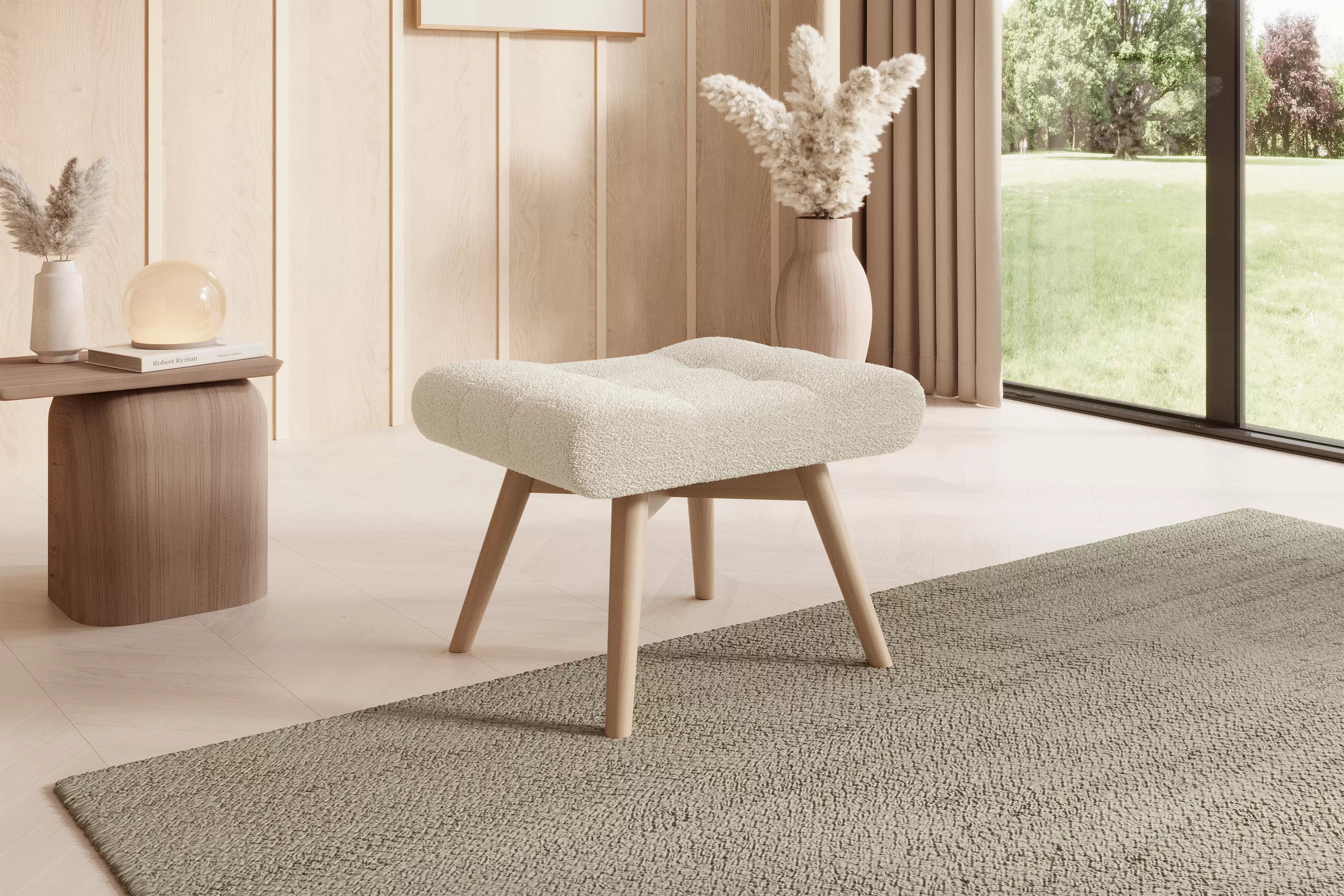 Taburetka prešívaná Ušiak Škandinávsky Nordic II - Béžová boucle Lambi 8 / buk Taburet prešívaná Ušiak Škandinávsky Nordic - Béžová boucle Lambi 8 / buk 