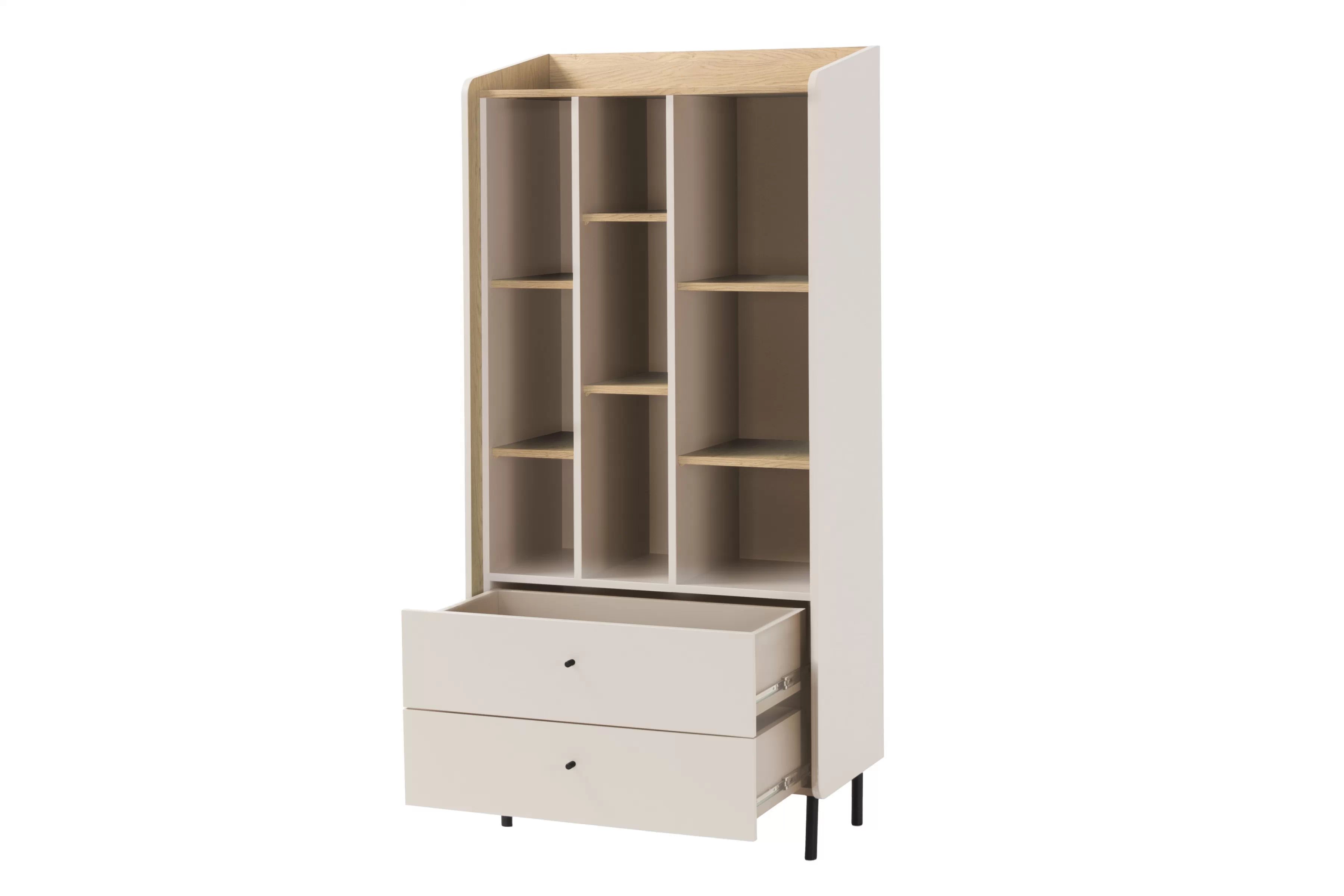 Otvorená knižnica Alessio 80 cm s policami - piesková béžová / olejovaný dub Regál Alessio 6 so zásuvkami 80 cm - Béžová Pieskový / Dub olejowany