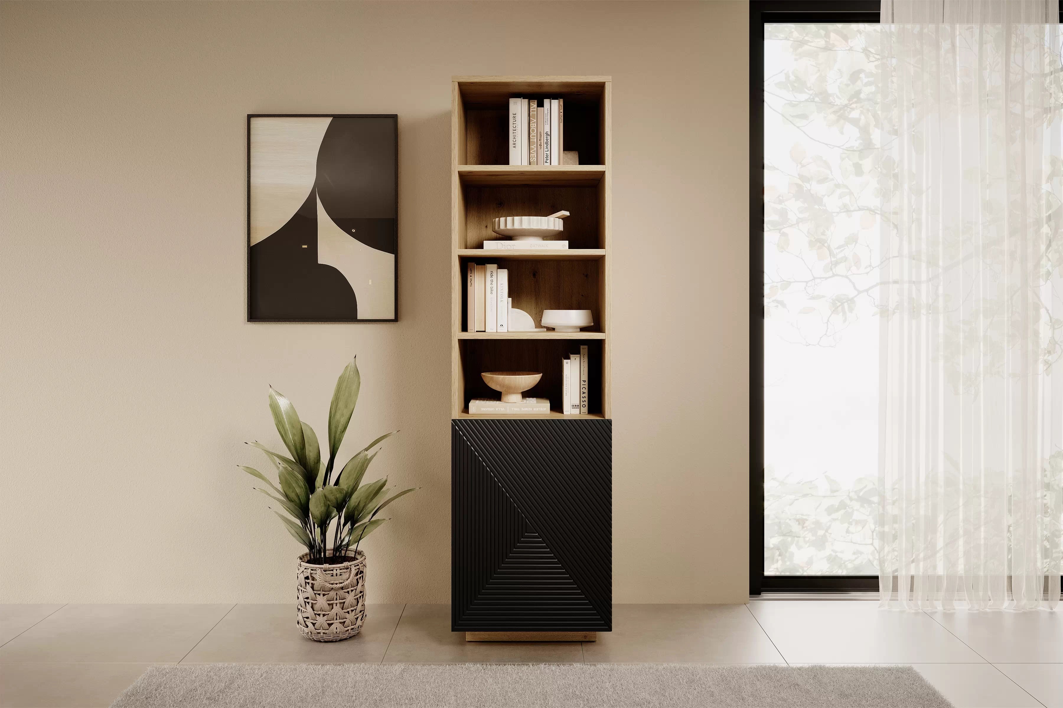 Regál Asha 50 cm - artisan / čierny mat Regál Asha 50 cm s frézovaným frontom - artisan / Čierny mat