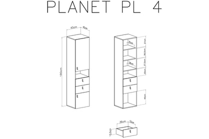 Regál dvojdverový Planet 4 L/P - biely lux / Dub / Morský Regál dvojdverový so zásuvkami a výklenkom Planet 4 L/P - Biely lux / Dub / Morský - schemat