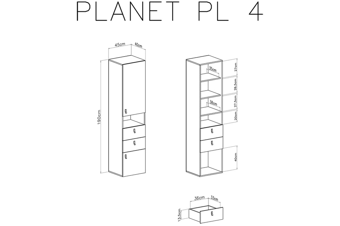 Regál Planet 4 L/P 45 cm - bílá lux / dub / mořská Regál dvoudveřový s zásuvkami a výklenku Planet 4 L/P - Bílý lux / Dub / Mořský - schemat