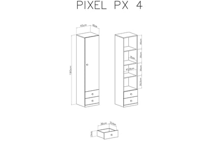 Regál Pixel 4 se zásuvkami - dub piškotový / bílý lux / šedá Regál jednodveřový s zásuvkami Pixel 4 - dub piškotový/Bílý lux/šedý - schemat