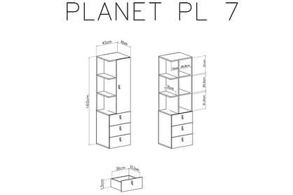 Regál Planet 7 - 45 cm - bílá lux / dub / mořská Regál jednodveřový se třemi  zásuvkami Planet 7 - Bílý lux / Dub / Mořský - schemat