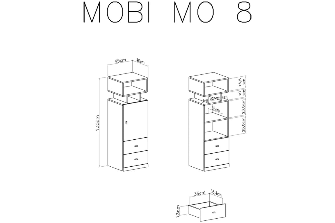 Regál jednodverový Mobi MO8 L/P - biely / Tyrkysová vnútro regalu mobi 8