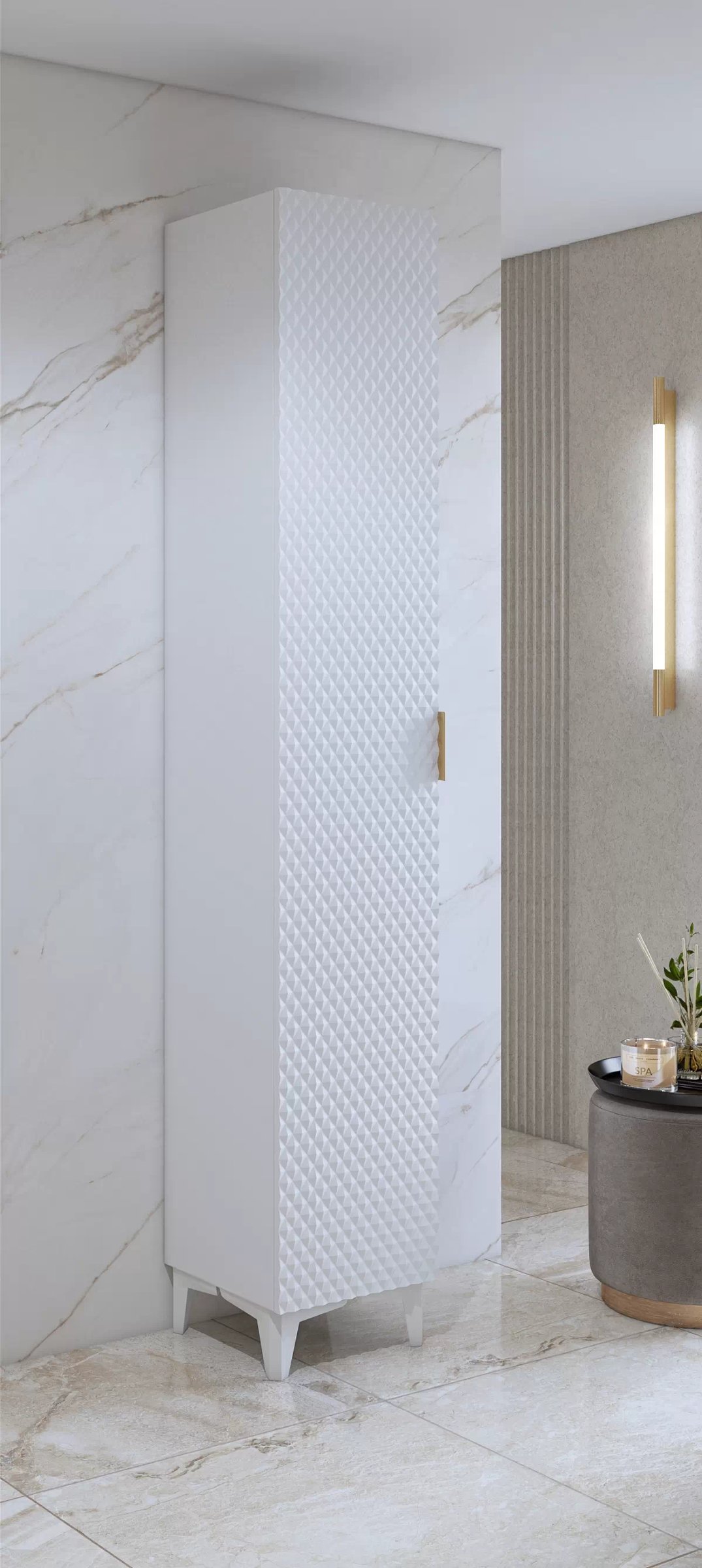 Skrinka do kúpeľne Laura 35 cm - biela / biely mat Regál lazienkowy Laura 35 cm - biela / biela mat piramidki