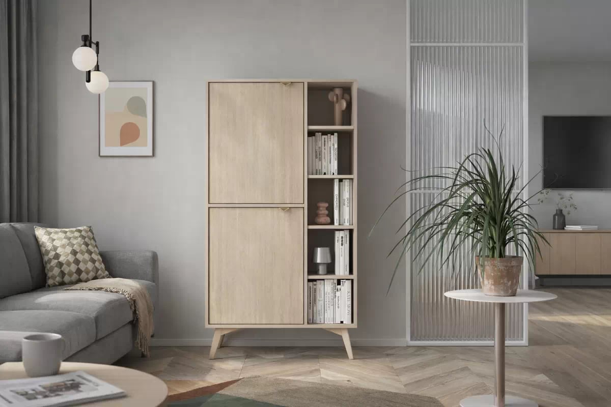 Regál Lumira 80 cm dvoudveřový - písková / skandinávský vzor rybí kost Regál Lumira 80 cm dvoudveřový - Pískový / jodelka skandi