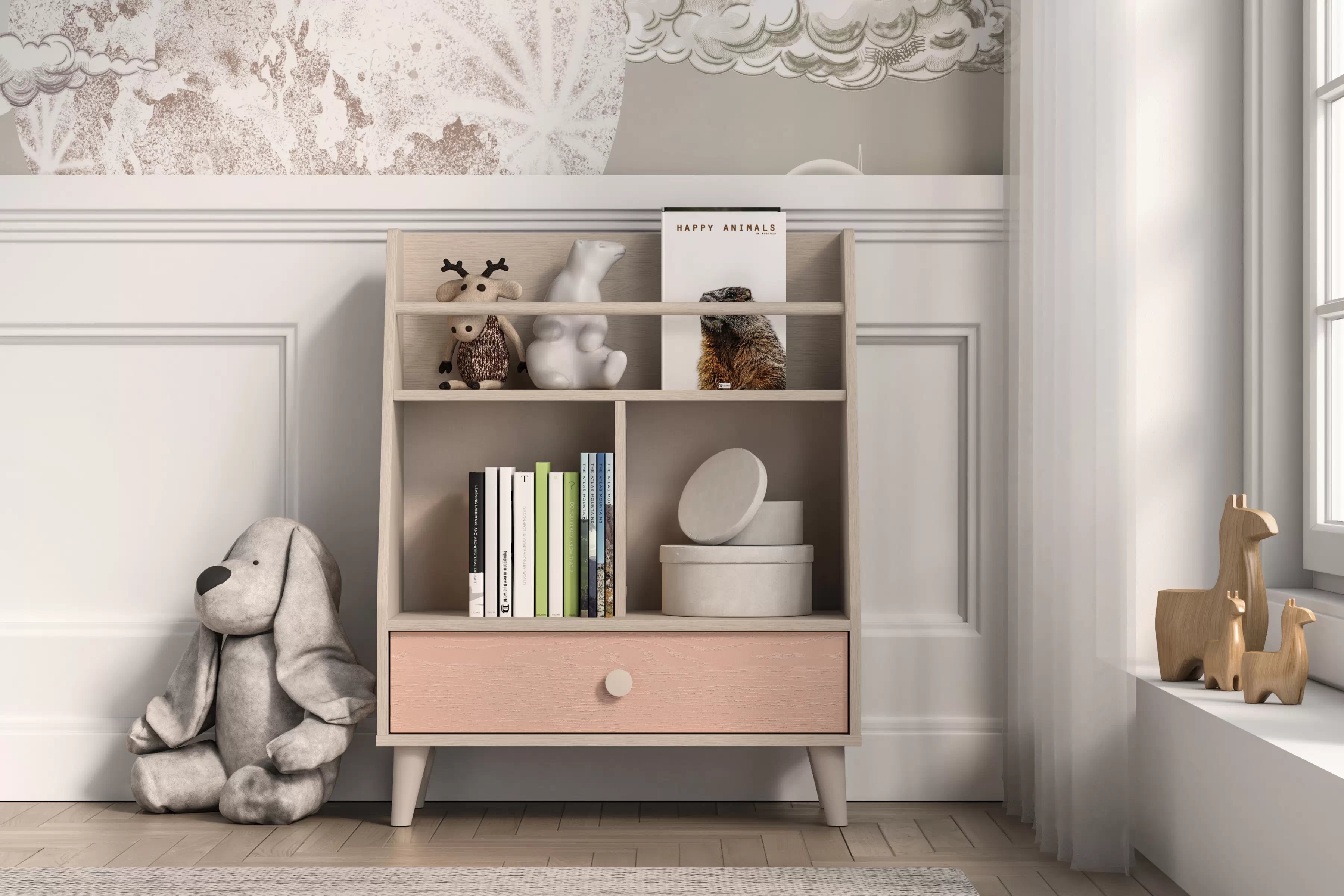 Dětský regál Marla 72 cm - pouštní písek / růžová Regál Marla 72 cm - piasek pustyni / millenial pink