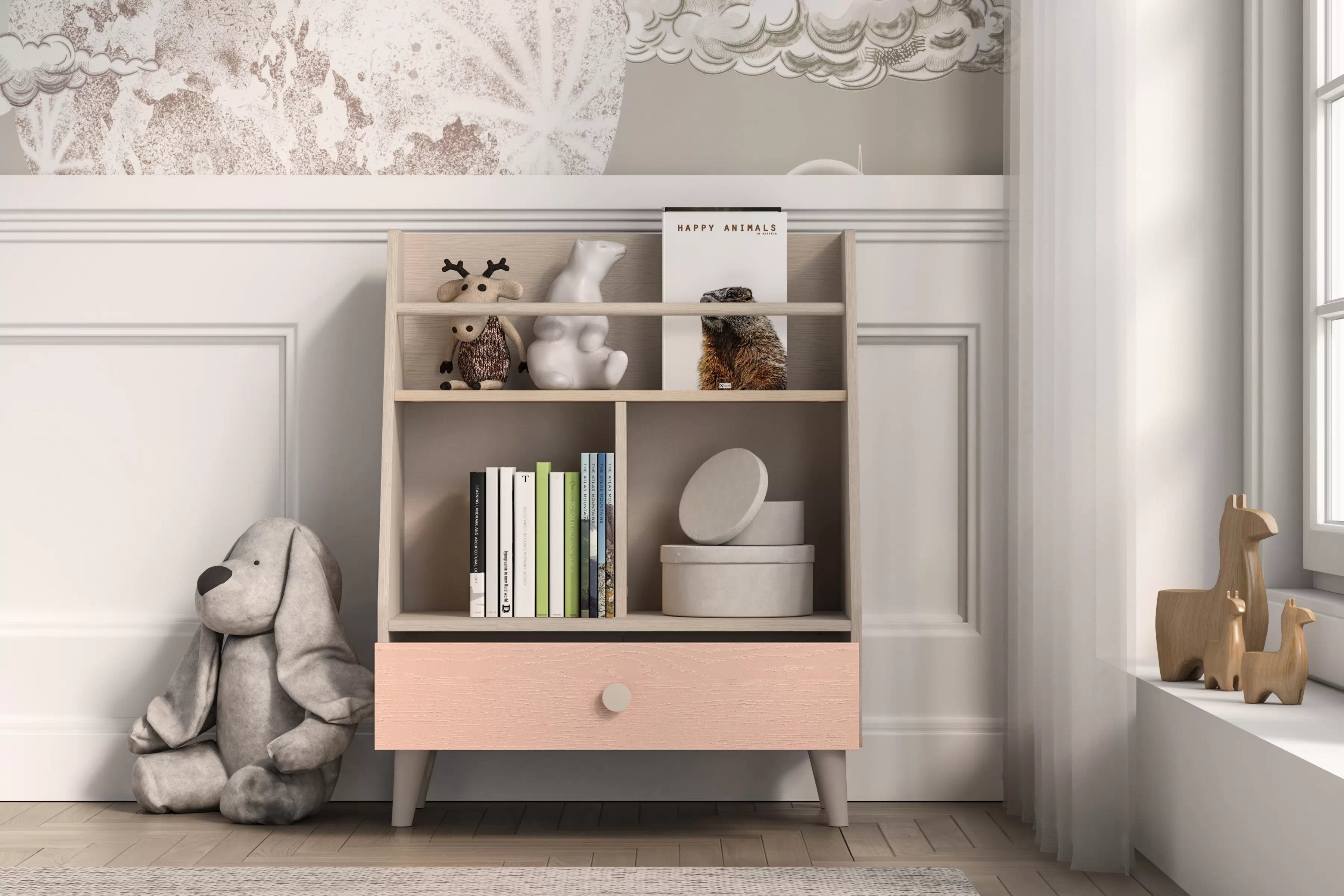 Dětský regál Marla 72 cm - pouštní písek / růžová Regál Marla 72 cm - piasek pustyni / millenial pink