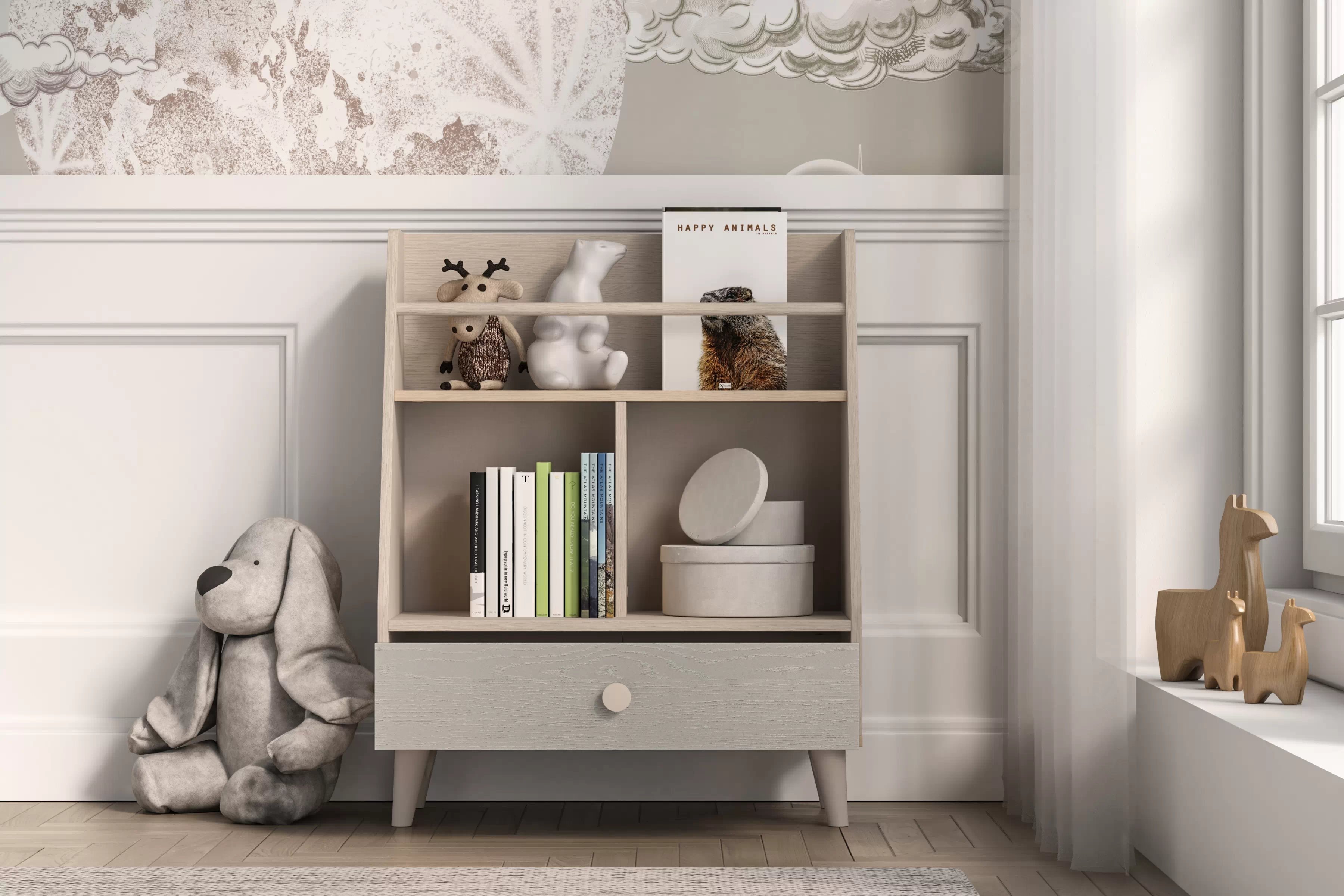 Dětský regál Marla 72 cm - pouštní písek / šedá pallad Regál Marla 72 cm - piasek pustyni / šedá pallad