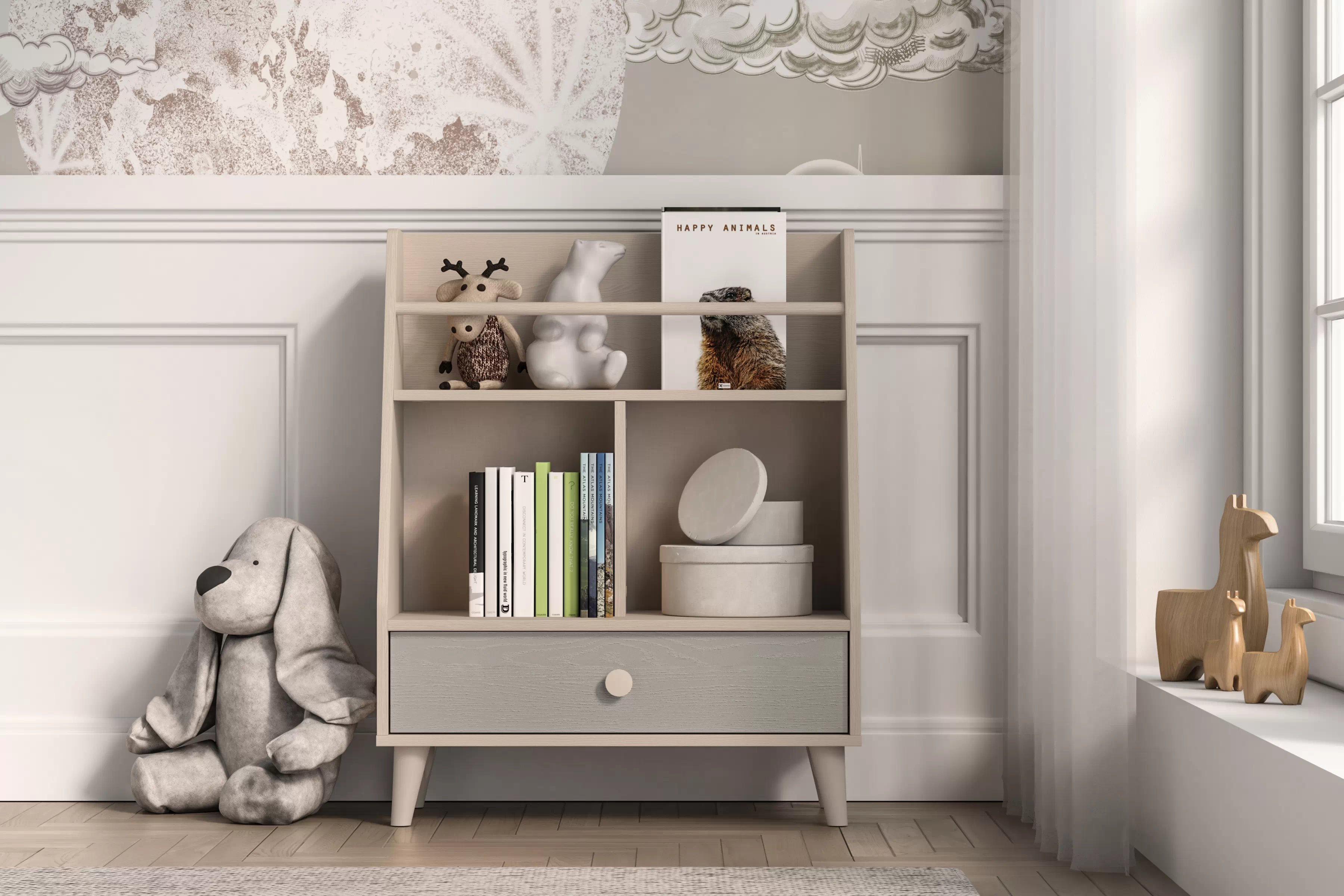 Dětský regál Marla 72 cm - pouštní písek / šedá pallad Regál Marla 72 cm - piasek pustyni / šedá pallad