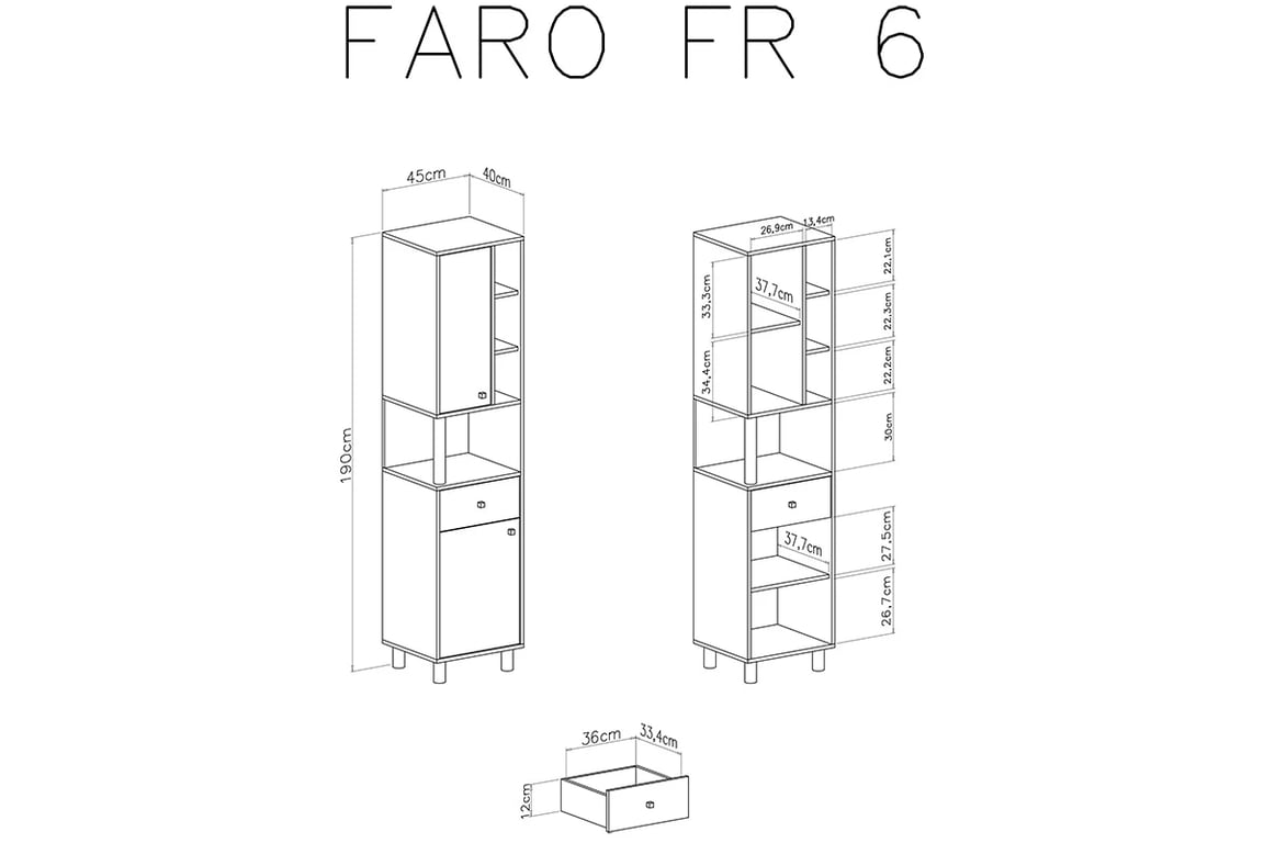 Dvoudveřový regál Faro FR6 s policemi a zásuvkou - bílý lux / dub artisan / šedá Regál Pro mladé dvoudveřový z policemi a zásuvkou Faro FR6 - Bílý lux / Dub artisan / šedý - schemat