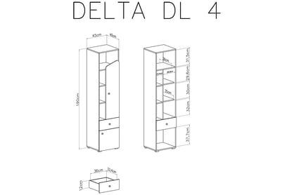 Raft tineret Ciljo 45 cm cu sertar - stejar / antracit Regál Pro mladé dvoudveřový se zásuvkou Delta DL4 - Dub / antracit - schemat