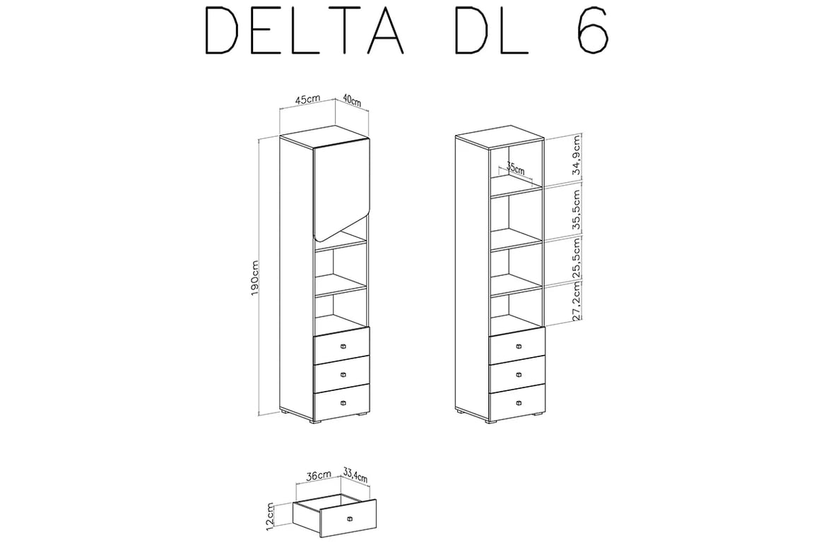 Ciljo ifjúsági könyvespolc 45 cm fiókokkal - tölgy / antracit Polc Pro mladé jednodveřový se třemi  zásuvkami Delta DL6 - tölgy / Antracytová - schamat