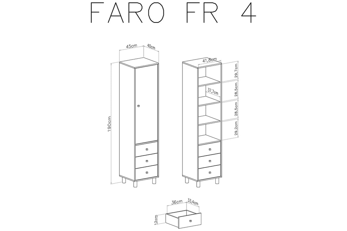 Jednodveřový regál Faro FR4 se třemi zásuvkami - bílý lux / dub artisan / šedá Regál Pro mladé jednodveřový se třemi  zásuvkami Faro FR4 - Bílý lux / Dub artisan / šedý - Rozměry