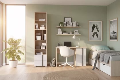 Studentský regál Lumo 5 45 cm otevřený se zásuvkami - dub wilton bílý / bílý lux / antracit Regál Studentský Lumo 5 45 cm otwarty se zásuvkami - dub wilton bílá / bílá lux / antracitová