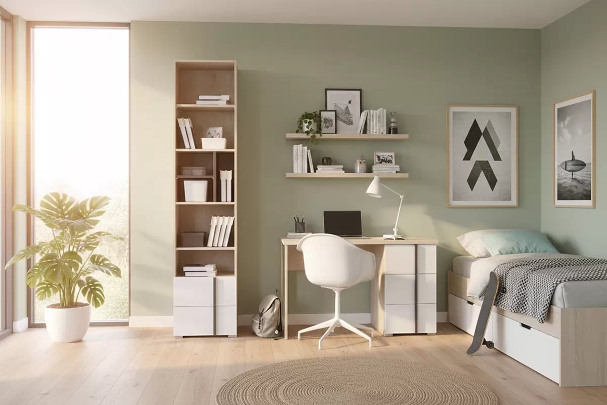 Študentský regál Lumo 5 45 cm otvorený so zásuvkami - dub wilton biely / biely lux / antracit Regál Pre mladých Lumo 5 45 cm otvorený so zásuvkami - Dub wilton biela / biela lux / Antracytová