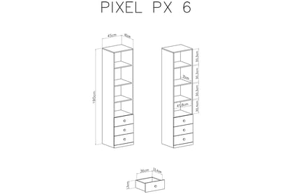 Skrinka s regálom Pixel 6 - dub piškótový/biela lux/sivá Regál Pre mladých Pixel 6 - dub piškótový/Biely lux/šedý - schemat