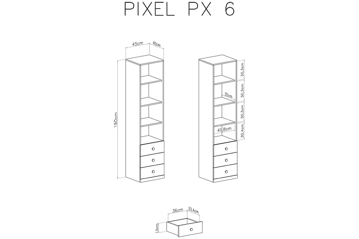 Skrinka s regálom Pixel 6 - dub piškótový/biela lux/sivá Regál Pre mladých Pixel 6 - dub piškótový/Biely lux/šedý - schemat