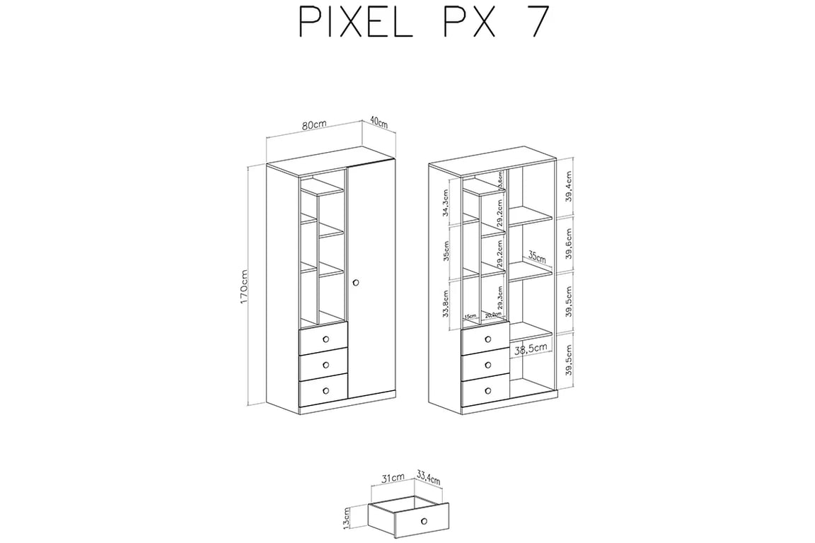 Regál Pixel 7 - dub piškotový / bílý lux / šedá Regál Pro mladé Pixel 7 - dub piškotový/Bílý lux/šedý - schemat