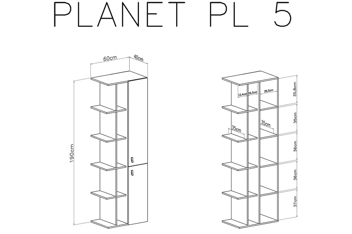 Regál Planet 5 - 60 cm - bílá lux / dub / mořská Regál Pro mladé Planet 5 - Bílý lux / Dub / Mořský - schemat