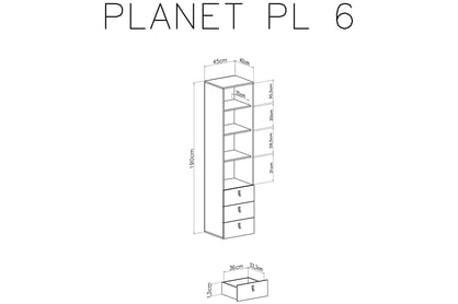 Regál Planet 6 - 45 cm - bílá lux / dub / mořská Regál Pro mladé se třemi  zásuvkami Planet 6 - Bílý lux / Dub / Mořský - schemat