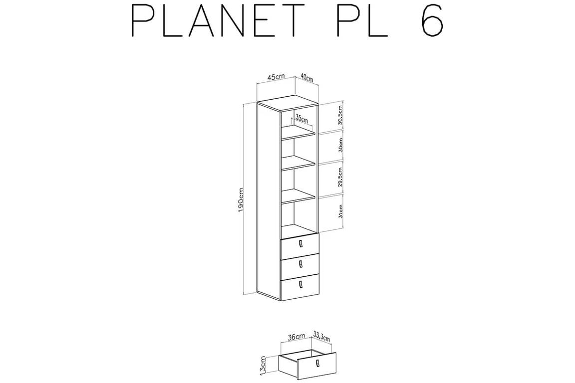 Regál Planet 6 - 45 cm - bílá lux / dub / mořská Regál Pro mladé se třemi  zásuvkami Planet 6 - Bílý lux / Dub / Mořský - schemat