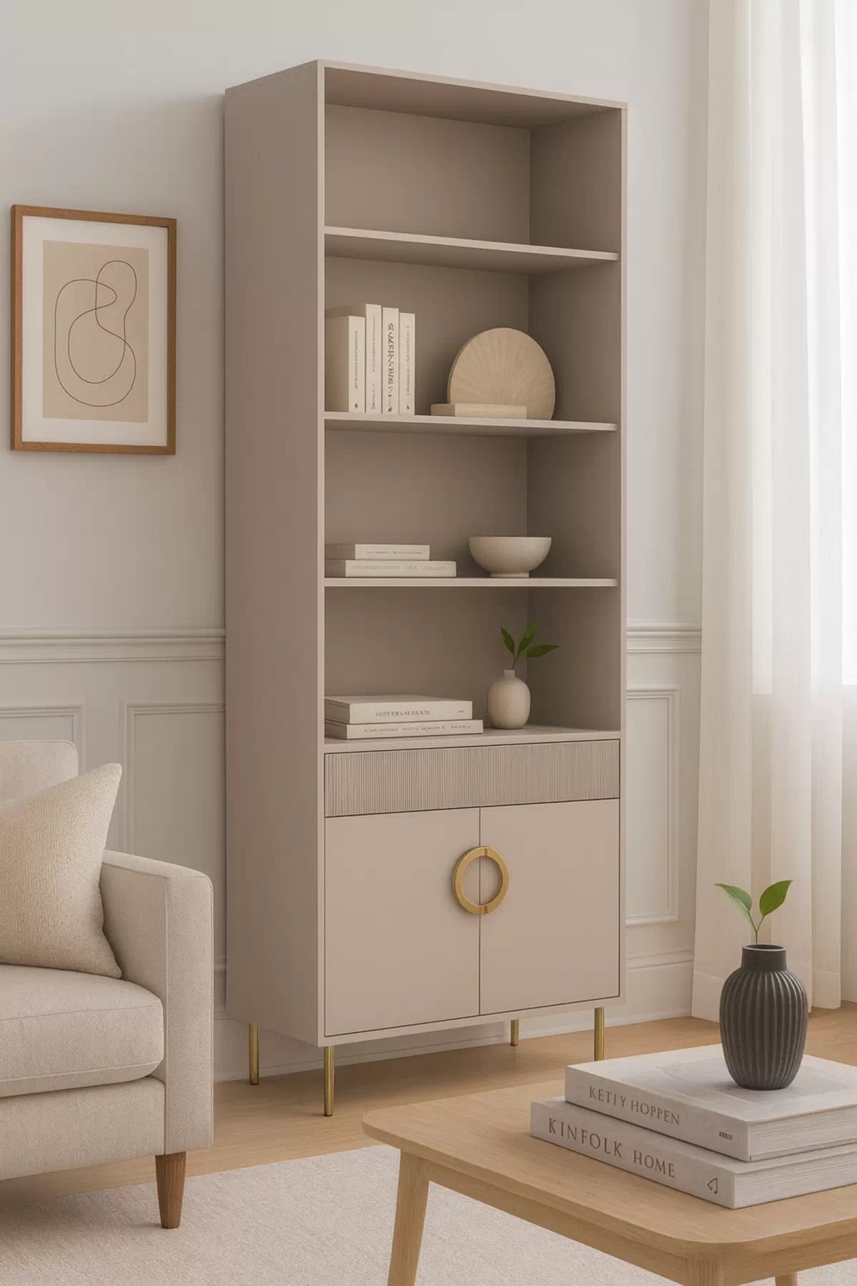 Regál Nubo 100 cm - kašmírová / zlatá Regál Nubo 100 cm podwojny z szuflada - kašmír / zlaté