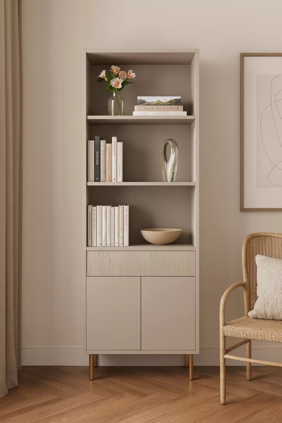 Regál Nubo 53 cm so zásuvkami - kašmírová / zlatá Regál Nubo 53 cm so zásuvkami - kašmír / zlote nožičky