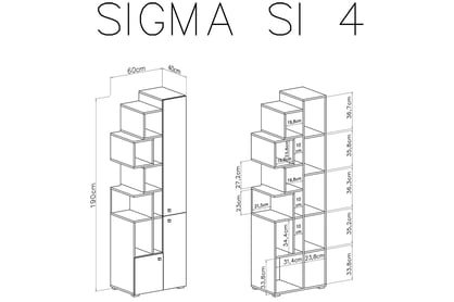 Třídveřový regál Sigma SI4 s výklenky - bílý lux / beton / dub Regál Sigma SI4 - Bílý lux / beton / Dub - schemat