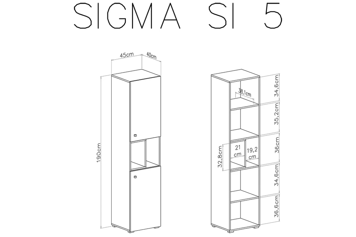 Dvoudveřový regál Sigma SI5 L/P s výklenky - bílý lux / beton Regál Sigma SI5 L/P - Bílý lux / beton - schemat