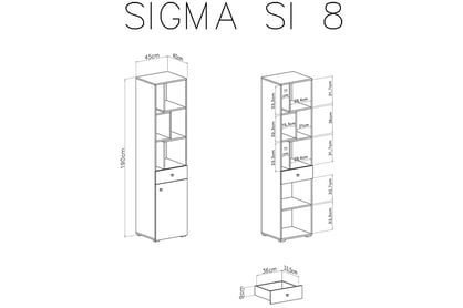 Regál Sigma SI8 L/P se zásuvkou a výklenky - bílý lux / beton / dub Regál Sigma SI8 L/P - Bílý lux / beton / Dub - schemat