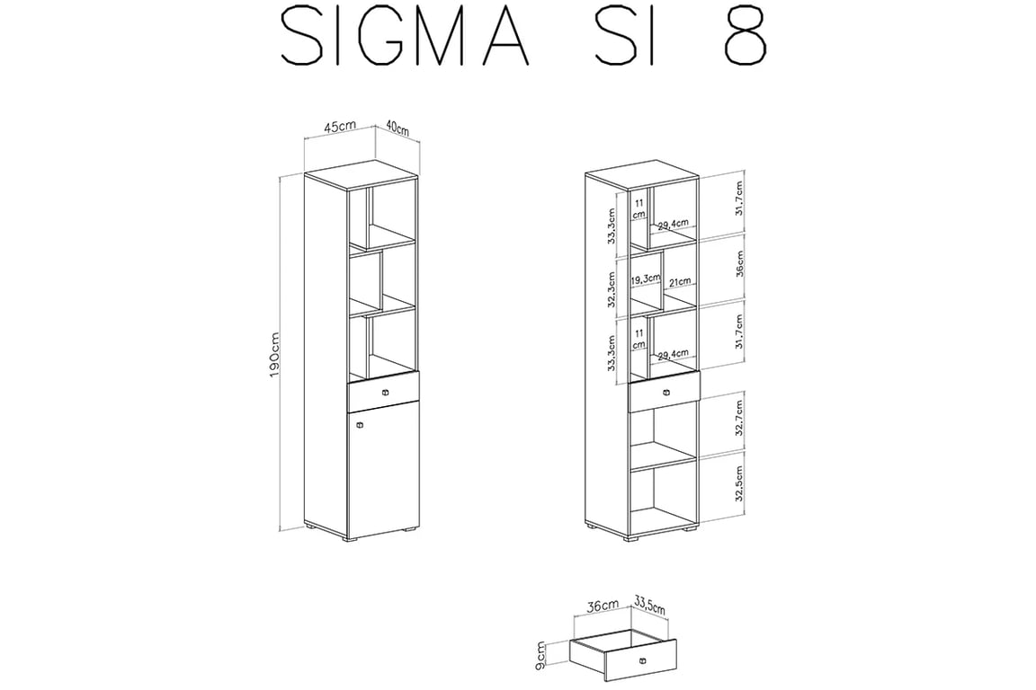 Regál Sigma SI8 L/P se zásuvkou a výklenky - bílý lux / beton / dub Regál Sigma SI8 L/P - Bílý lux / beton / Dub - schemat