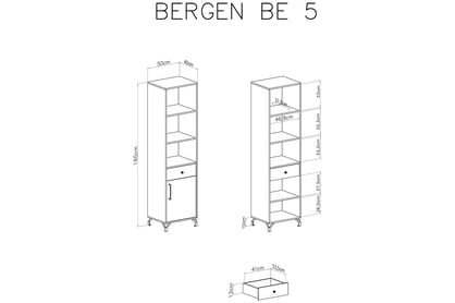 Regál Bergen 05 se skříňkou a zásuvkou - bílý vysoký Regál se zásuvkou a skříňkou