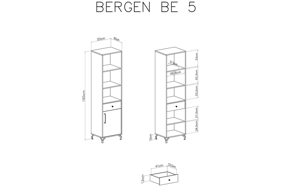 Regál Bergen 05 se skříňkou a zásuvkou - bílý vysoký Regál se zásuvkou a skříňkou