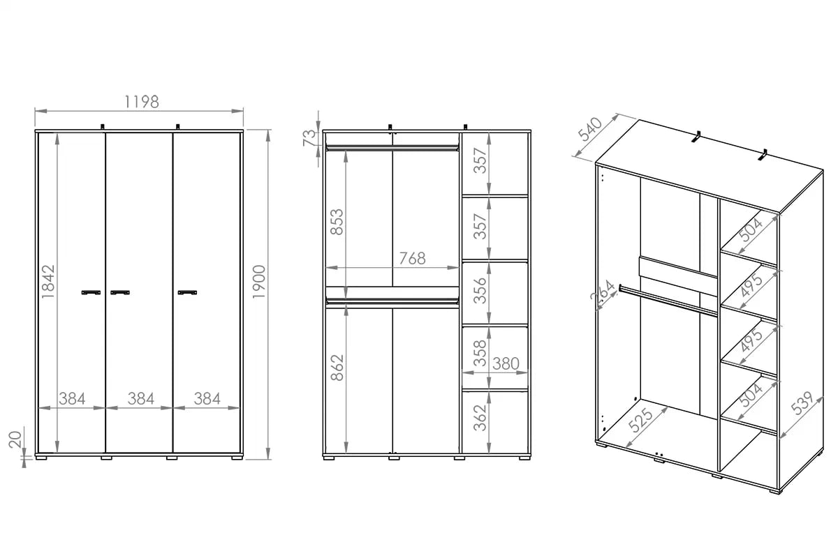 Skriňa trojdverová Kawana 01 do izby nastolatka - Čierny / craft zlaté / oceľ premium Skriňa trojdverová Colt 01 do izby nastolatka - Čierny / craft zlaté / oceľ premium - Rozmery