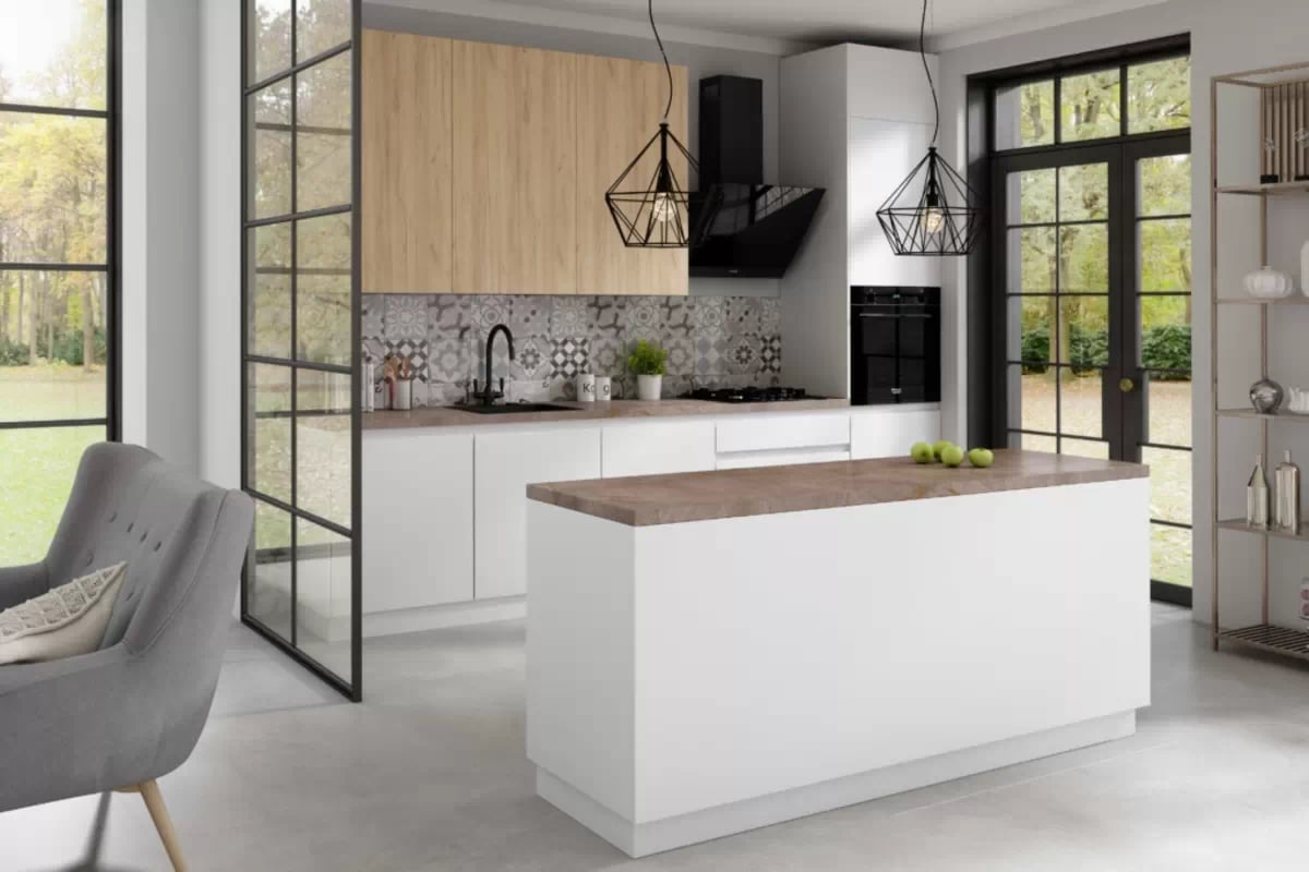 Kuchynský stĺpik Campari SKS30/2137 ukončovací s policami kolekcia nábytku kuchynského Campari - Farebné prevedenie predných časti biely mat i Dub kraft Žltý