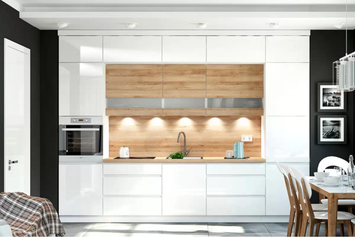 Kuchynský stĺpik Campari SKS30/2137 ukončovací s policami kolekcia nábytku kuchynského Campari - Farebné prevedenie predných časti biely lesk i buk artisan