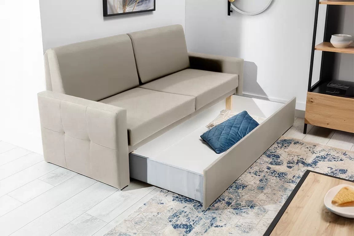 Sofa Elegantia 160 na polohovateľný mechanizmus - krémová tkanina Ado 1601 Halva Pohovka Elegantia 160 do polkotapczanu - kremowa plecionka Ado 1601 Halva
