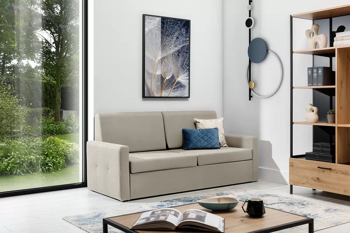 Sofa Elegantia 160 na polohovateľný mechanizmus - krémová tkanina Ado 1601 Halva Pohovka Elegantia 160 do polkotapczanu - kremowa plecionka Ado 1601 Halva