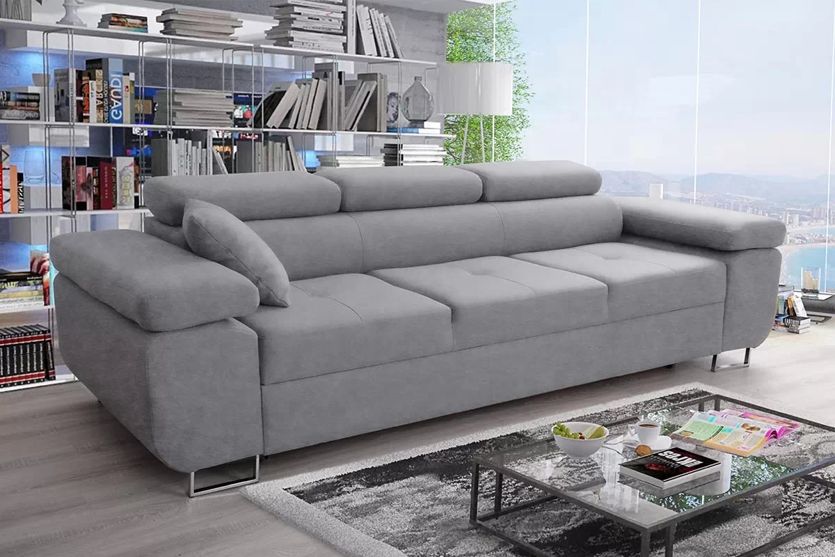 Rozkladacia pohovka Annabelle II s nastaviteľnými lakťovými opierkami - sivý ľahkočistiaci zamat Zetta 302 / chrómové nožičky Pohovka s funkciou spania Annabelle II z regulowanymi podlokietnikami - šedý welwet ľahkočistiaci Zetta 302